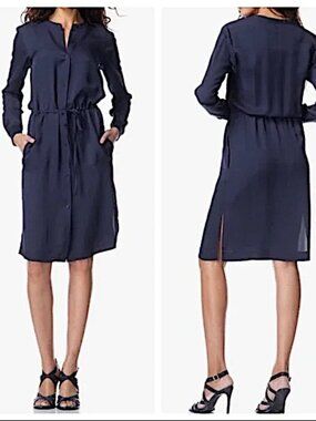 Theory Silk Stellira Shirtdress Navy Blue P • Cinch Waist • Side Slits